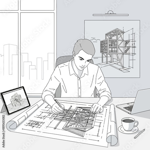 Architect drawing building plans on desk with laptop and coffee