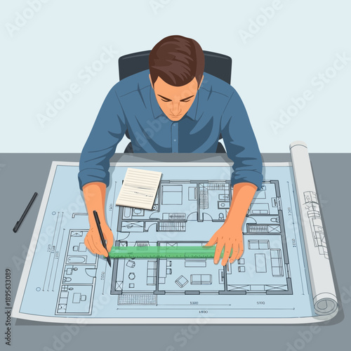 Architect drawing floor plan with ruler and pencil