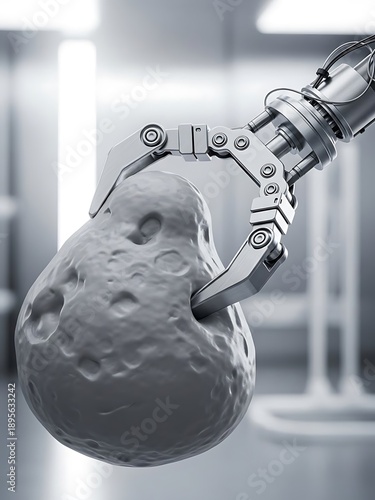 Robotic arm holding a textured sphere in laboratory environment futuristic