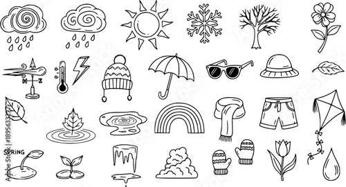 Weather and Seasons Hand-Drawn Doodle Icons Set. Black and White Line Art Collection of Nature, Climate, Clothing, and Seasonal Elements for all four seasons.