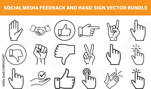 Social Media Feedback and Hand Sign Vector Icons: Thumbs Up, Thumbs Down, Shaking Hands, Rock On & More