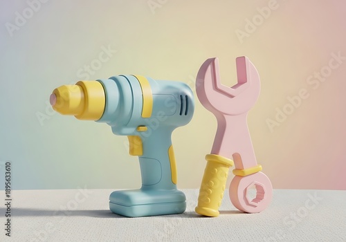 Stylized drill and wrench tools in pastel shades, construction vibes