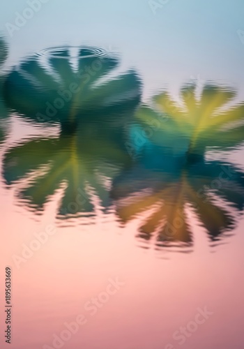 Tropical reflection in still water, palm tree leaves and subtle ripples