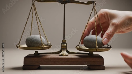 Hand adjusting balance scale with stones on wooden base, close-up view