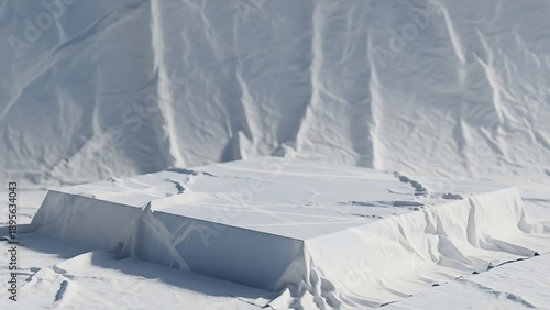 White fabric draped over geometric platform for product placement display