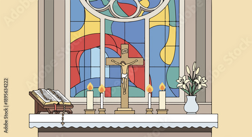 A stylized illustration depicting a church interior with religious imagery