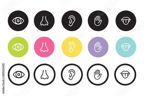 Human senses icon set. Vision eye, smell nose, hearing ear, touch hand, taste mouth with tongue. Simple line icons and black circle. Five senses of human nervous system. Vector illustration.