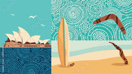 A stylized illustration depicting an Australian theme with iconic elements