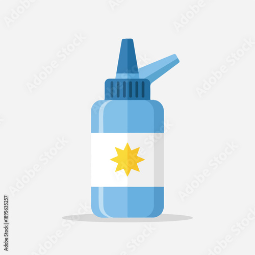 A stylized illustration of a blue bottle with a spout and a star symbol