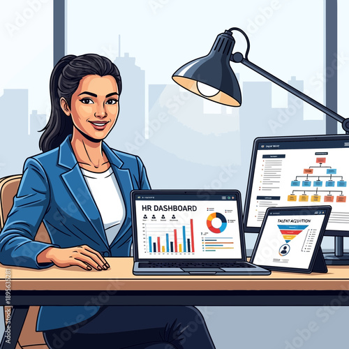 Confident businesswoman working at desk with multiple screens showing charts and graphs