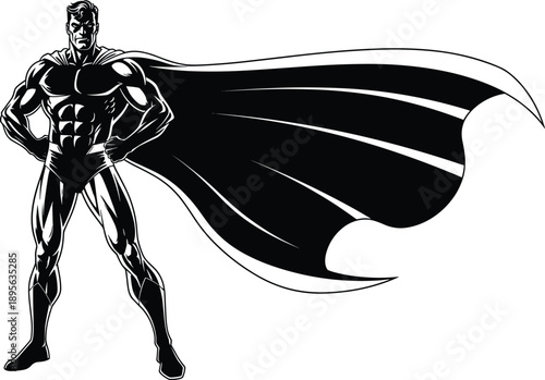 Dynamic muscular superhero standing confidently with flowing cape in bold comic style, powerful action pose vector illustration for graphic design and creative artwork