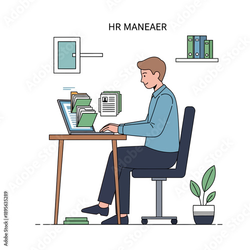 HR manager working at computer, organizing files and data