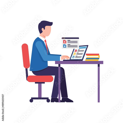 Man working on laptop at desk with books