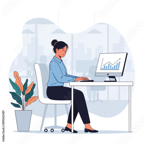 Woman working at desk with computer displaying financial graph in modern office
