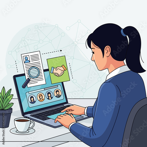 Woman reviewing job applications on laptop, recruitment concept