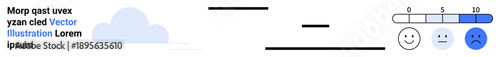 Feedback analysis, survey forms, sentiment data, user satisfaction, customer opinion, evaluation rating. Row of facial indicators and score scale next to cloud and text. Feedback analysis and survey