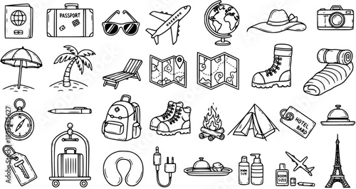 Travel and Tourism Hand-drawn Line Art Icons Set. Black and White Doodle Style Vacation and Holiday Elements Collection for Adventure and Journey.