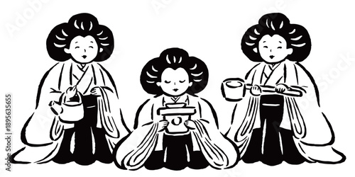 三人官女　雛祭り　単色線画のみ
