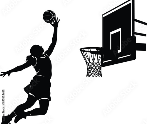 WebDynamic silhouette vector illustration of a female basketball player jumping toward the hoop for an athletic layup, showcasing action, sports energy, movement, competition, and determination