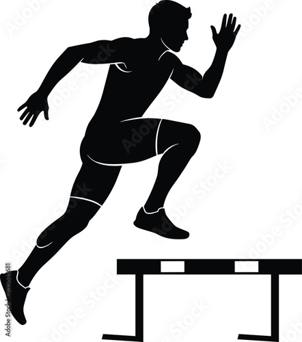 Dynamic silhouette vector illustration of a male athlete sprinting forward and powerfully jumping over a hurdle, showcasing speed, strength, agility, fitness, and competitive sports performance