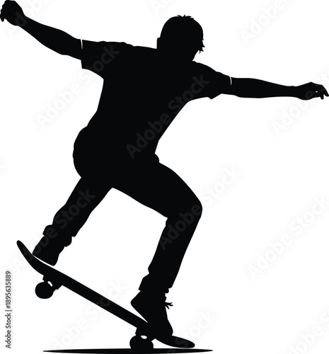 Dynamic silhouette vector illustration of a skateboarder performing a trick with balanced posture, urban energy, modern action sports style, creative design suitable for branding and digital projects