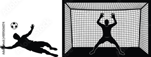 Dynamic soccer action silhouette illustration showing goalkeeper defending the goal and player diving for the ball, perfect for sports content, coaching materials, and vector artwork