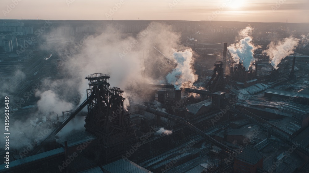 Obraz premium metallurgy. Aerial view of an industrial plant at dawn, with smoke creating a hazy, atmospheric landscape. safety posters. 