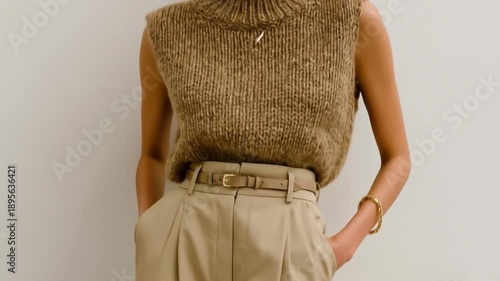 Wallpaper Mural Woman in textured knitwear posing with soft lighting and neutral background Torontodigital.ca