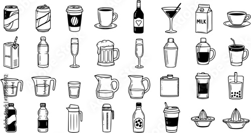 Hand Drawn Black and White Line Art Food and Drink Icons. Collection of Beverage Doodles, Outline Cups, Bottles, Cans, Mugs, Glasses, Shakers, and Juicers.