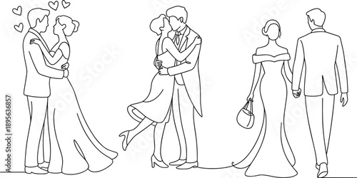 Elegant continuous line art illustration of romantic wedding couples embracing and walking together, minimal hand drawn style symbolizing love, marriage, romance, commitment, and modern bridal 
