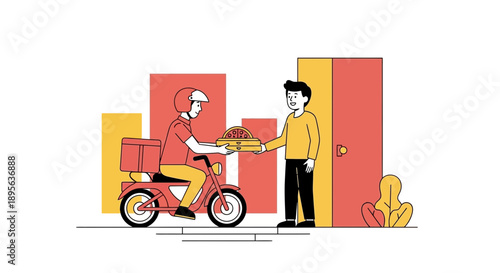 Cartoon illustration showcasing pizza delivery service with a scooter and friendly exchange