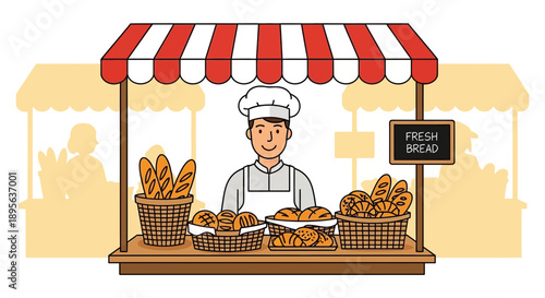 Illustration of a cheerful baker at a market stall selling freshly baked bread varieties