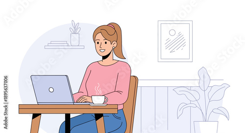 Illustration of a young woman working on a laptop at home in a cozy environment