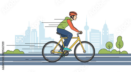 Illustration of a cyclist riding a bicycle in a city park, vector art style drawing with speed