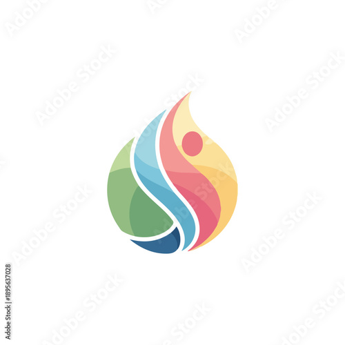 A stylized, multi-colored abstract design shaped like a teardrop