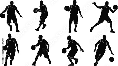 Dynamic basketball player silhouette poses showing dribbling, running, defending and action movement, athletic sports illustration for training, competition, teamwork, fitness 
