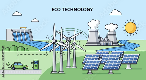Illustration showcasing renewable energy sources including solar wind hydro and electric cars