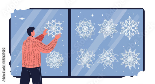 Man Decorating Window with Snowflakes, Embracing Winter's Artistic Charm and Holiday Festivities