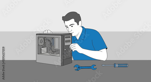 Man troubleshooting a desktop computer, repairing pc, technical assistance, data recovery