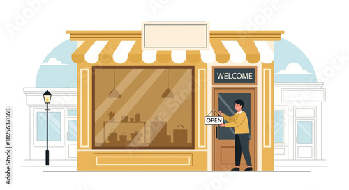 Opening shop a flat illustration style image showing a business owner flipping the open sign on