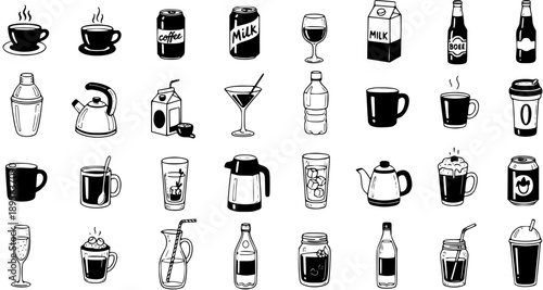 Hand-Drawn Black and White Line Art Beverage and Drinkware Icon Set for Food and Drink Industry. Coffee, Tea, Milk, Water, Cocktails  More Drinks Collection.