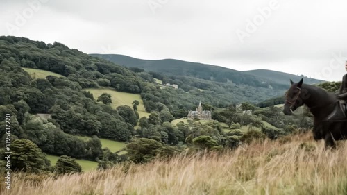 Wallpaper Mural Woman rides horse in nature castle in background cinematic scene Torontodigital.ca