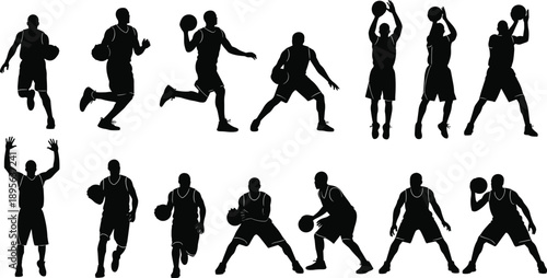Dynamic basketball player silhouettes performing various actions, detailed black vector illustration showcasing athletic movement, training poses, sports performance, 