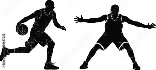 Dynamic basketball players silhouette illustration, intense offense and defense action poses, competitive sports vector artwork for athletic design, training concepts, and energetic motion graphics