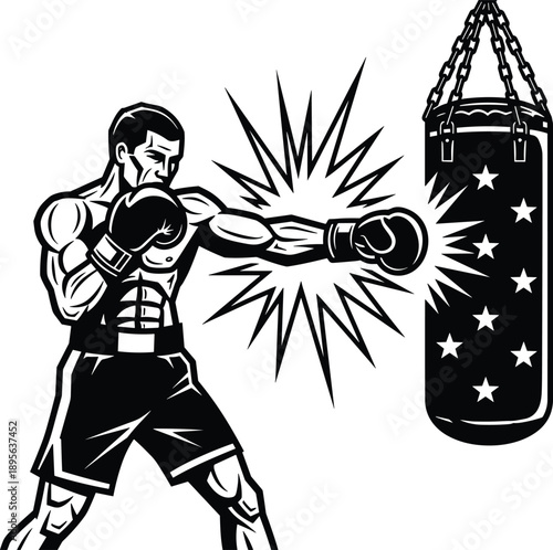 Dynamic boxing athlete punching heavy bag in powerful action pose, strong fighter training illustration for sports fitness vector artwork, gym workout concept design