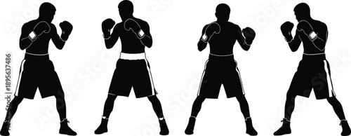 Dynamic boxing fighter silhouettes in various stance positions, detailed vector illustration of athletes preparing for combat sports training, fitness artwork, competitive boxing design
