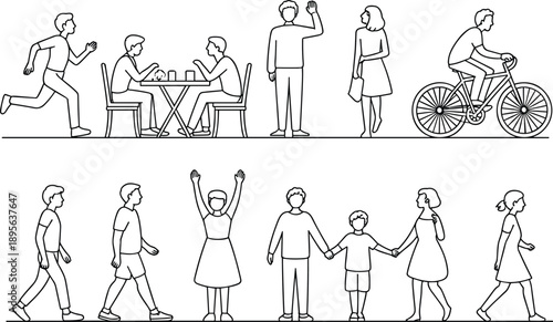 Minimal line art illustration showing diverse people walking, running, cycling, socializing, and family activities in everyday urban life, lifestyle concepts, human interaction scenes