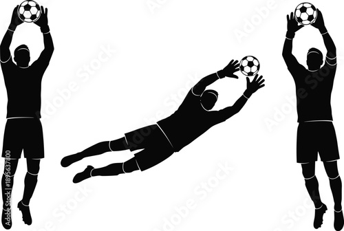 Dynamic goalkeeper silhouette vector illustration showcasing athletic catching, diving, and saving actions with soccer ball, perfect for sports design, training concepts, 