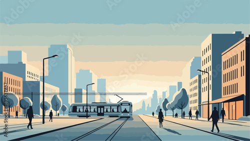 A stylized urban scene featuring a tram, buildings, and pedestrians