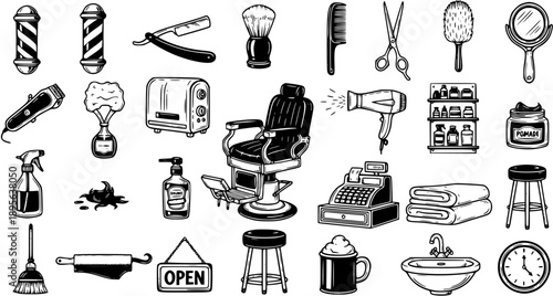 Black and White Line Art Barber Shop Icons - Hair Salon Equipment and Tools